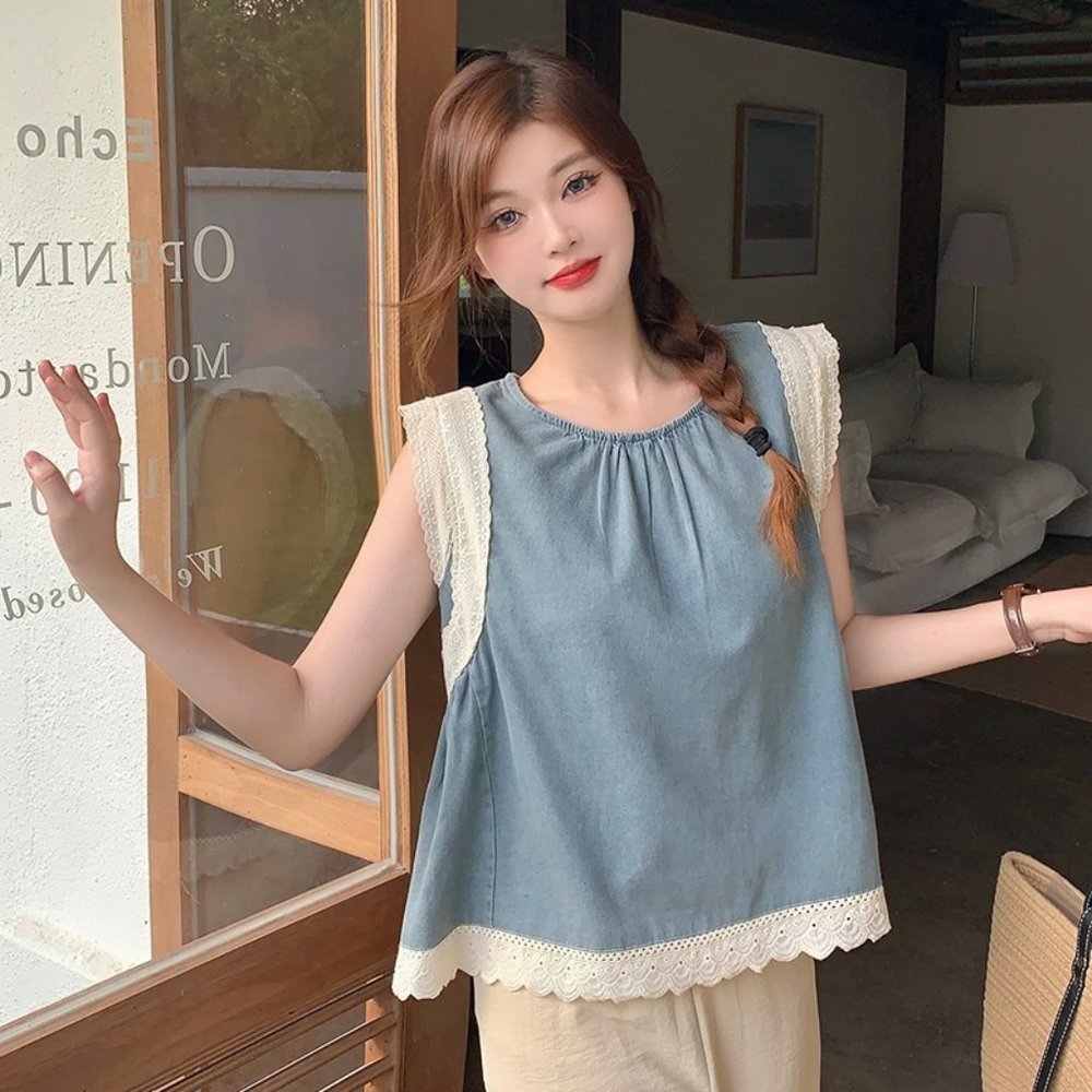 Denim Lace Tops for Women, Sleeveless Denim Tops, Casual Denim Tops